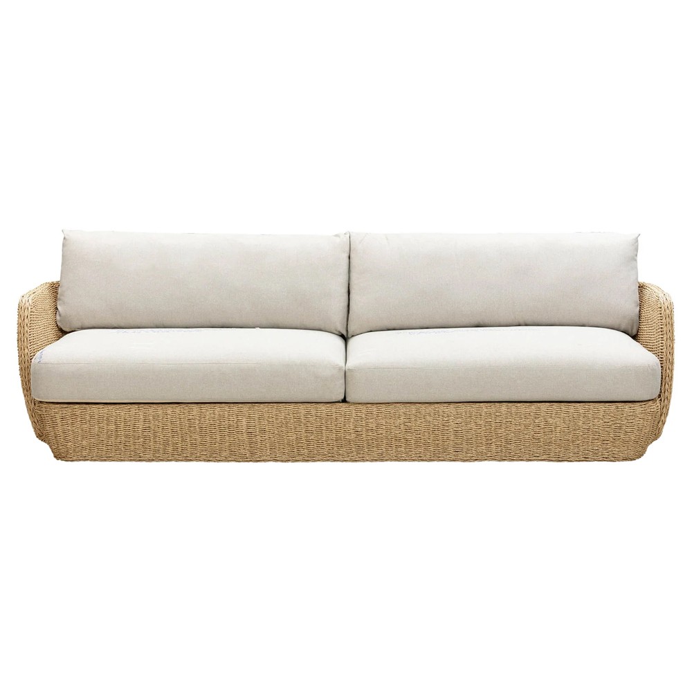 Viana Coastal Beige Upholstered Natural Wicker Outdoor Sofa - 93"|