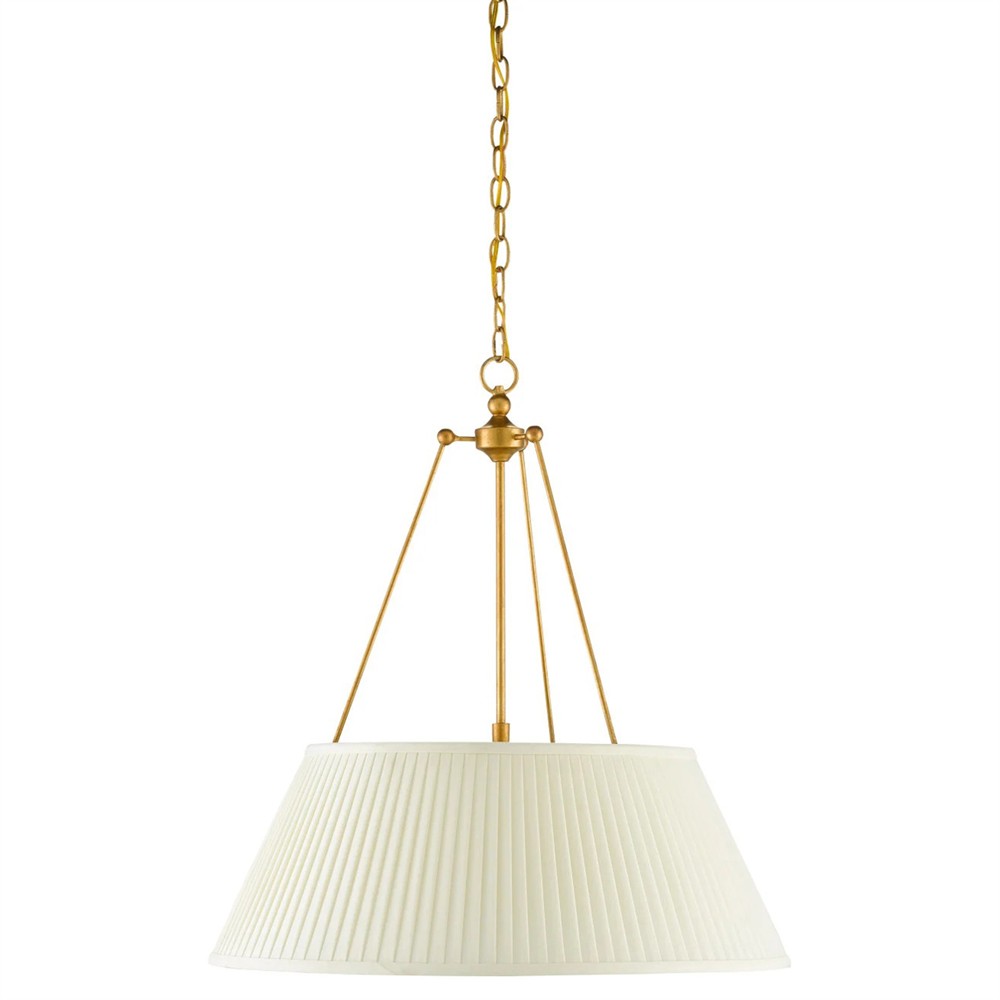 Lylia French Country Antique Gold Leaf Iron White Pleated Shade Pendant|