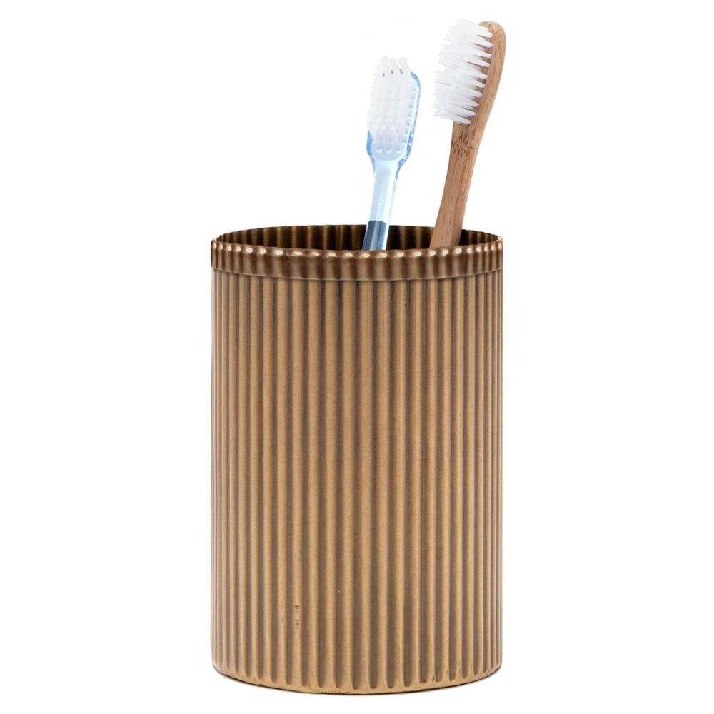 Open Box Pigeon and Poodle Redon Modern Antique Brass Ribbed Metal Brush Holder|