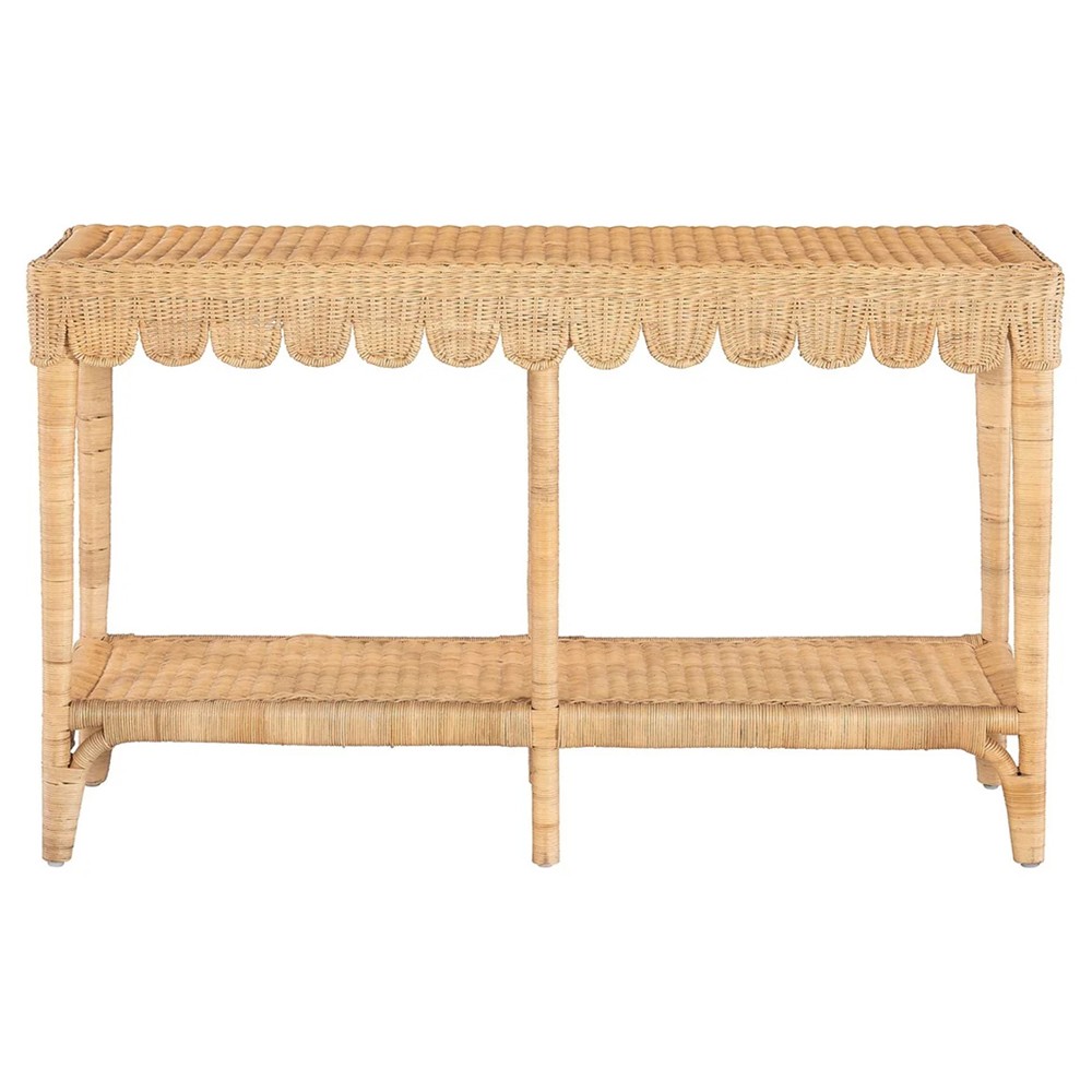 Anissa Coastal Beach Natural Woven Rattan Rectangular Scalloped Console Table|