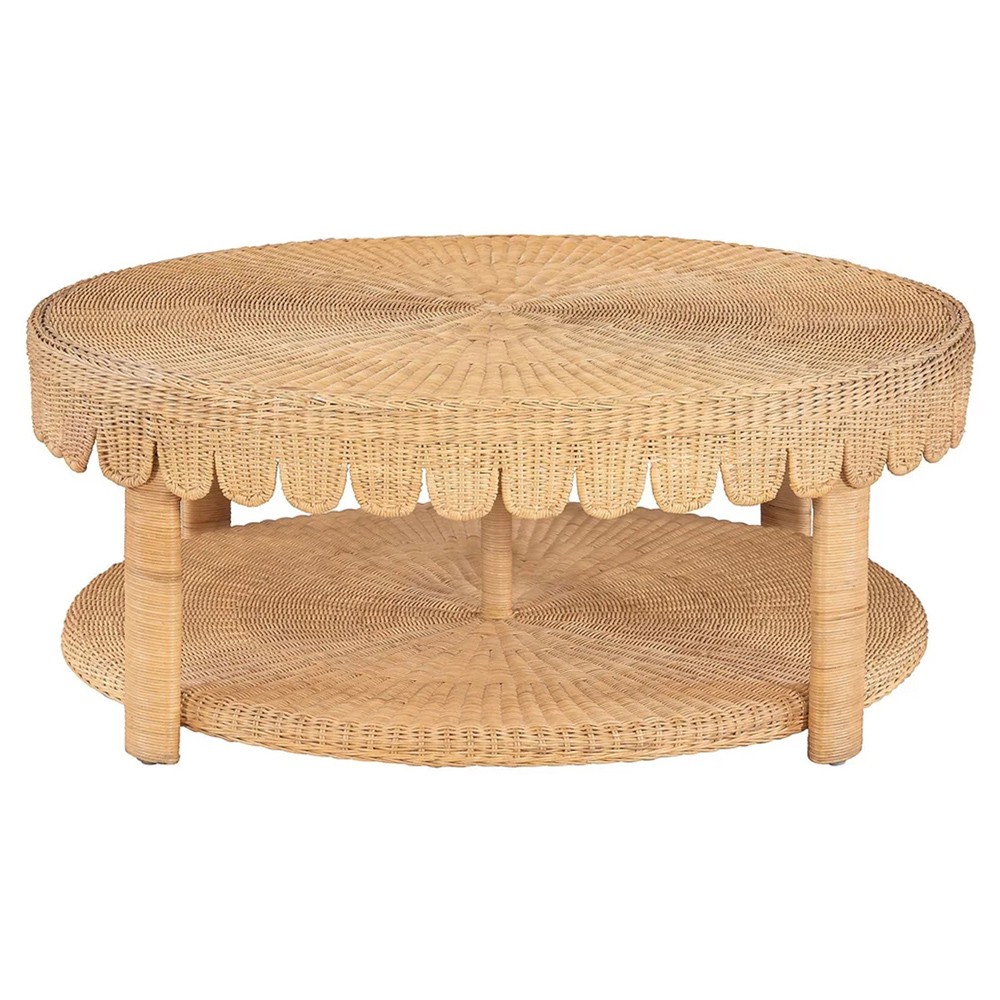Anissa Coastal Beach Natural Woven Rattan Round Scalloped Coffee Table|