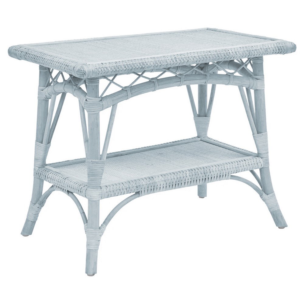 Charlize Coastal Beach Light Blue Woven Rattan Rectangular Side Table ...