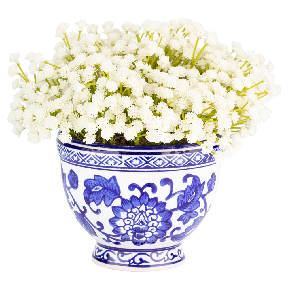 Kolette Traditional White Baby's Breath Toile Vase Faux Floral Arrangement|