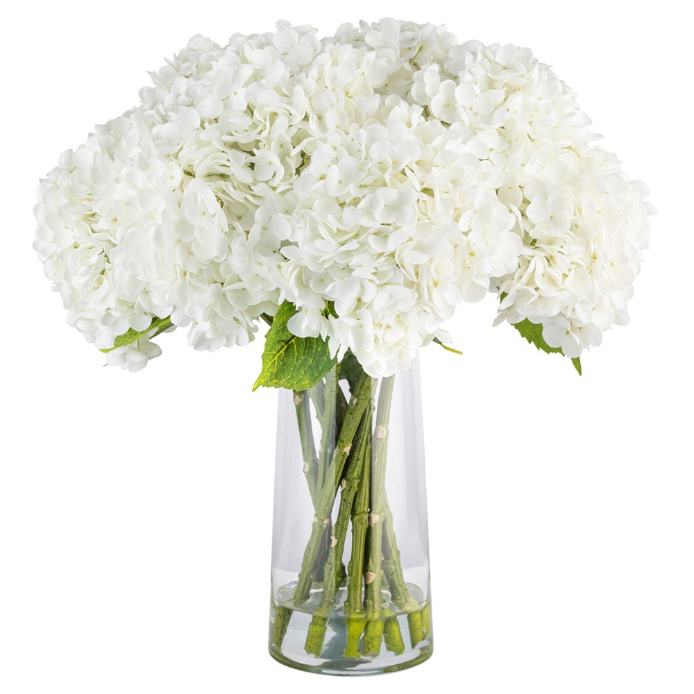 Maybelle Traditional White Hydrangea Glass Vase Faux Floral Arrangement|