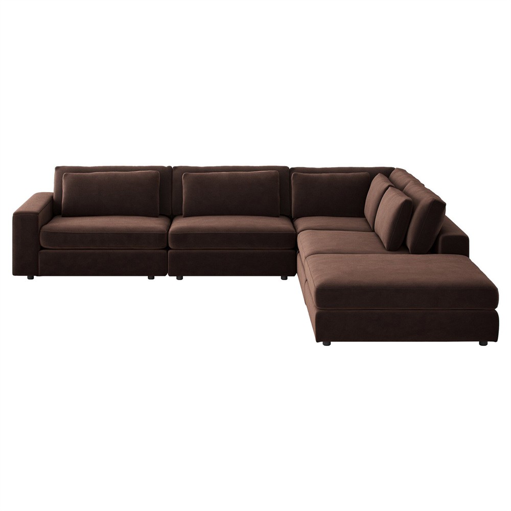 Candace Modern Brown Velvet 4-Piece Bumper Sectional With Ottoman - Left Bumper - 132"|