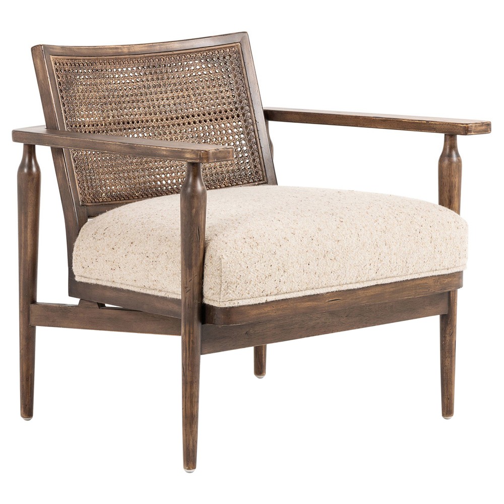 Xander Rustic Lodge Brown Woven Cane Taupe Linen Wood Arm Chair|