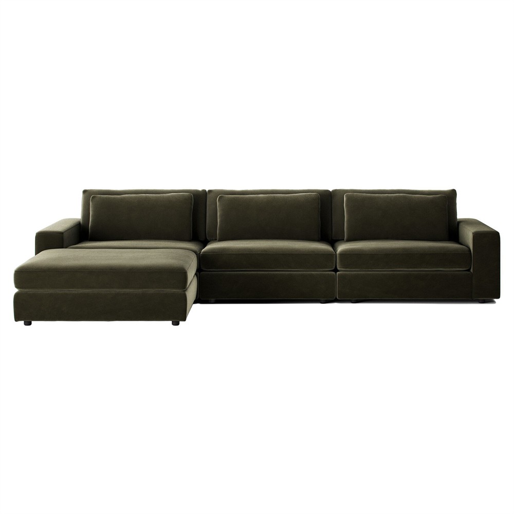 Candace Modern Classic Olive Green Velvet 3-Piece Sectional with Ottoman - 132"|