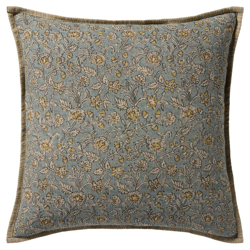 Isari Updated Traditional Light Blue Linen Floral Throw Pillow - 22x22|