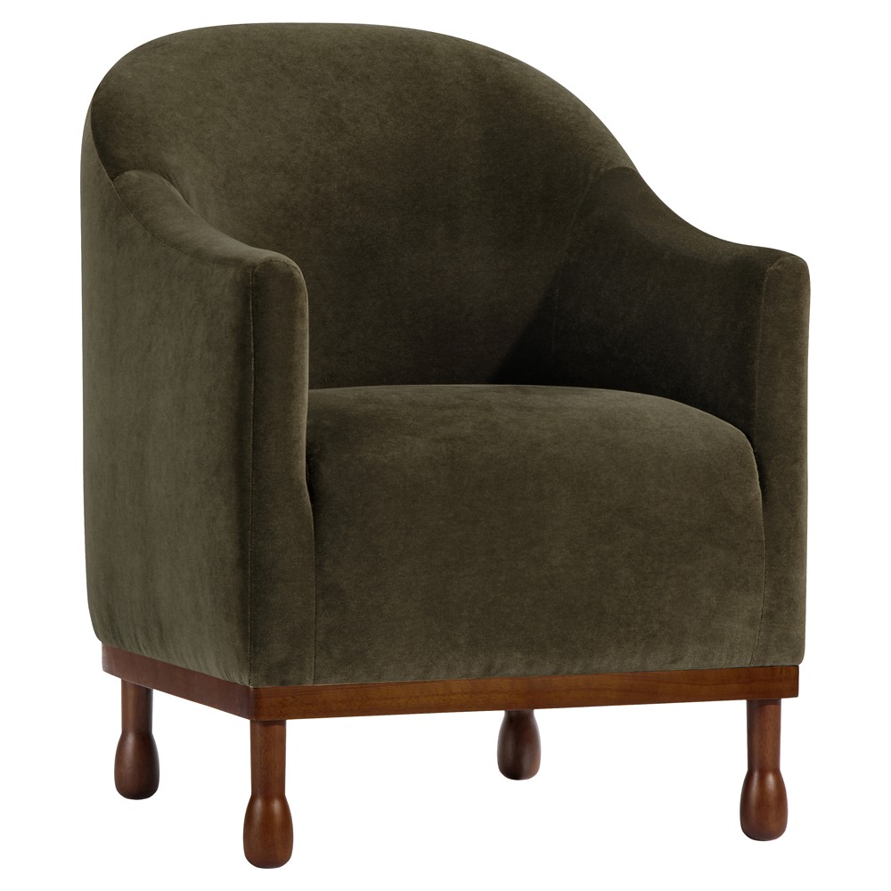 Gavin Updated Traditional Dark Green Velvet Brown Wood Barrel Chair|