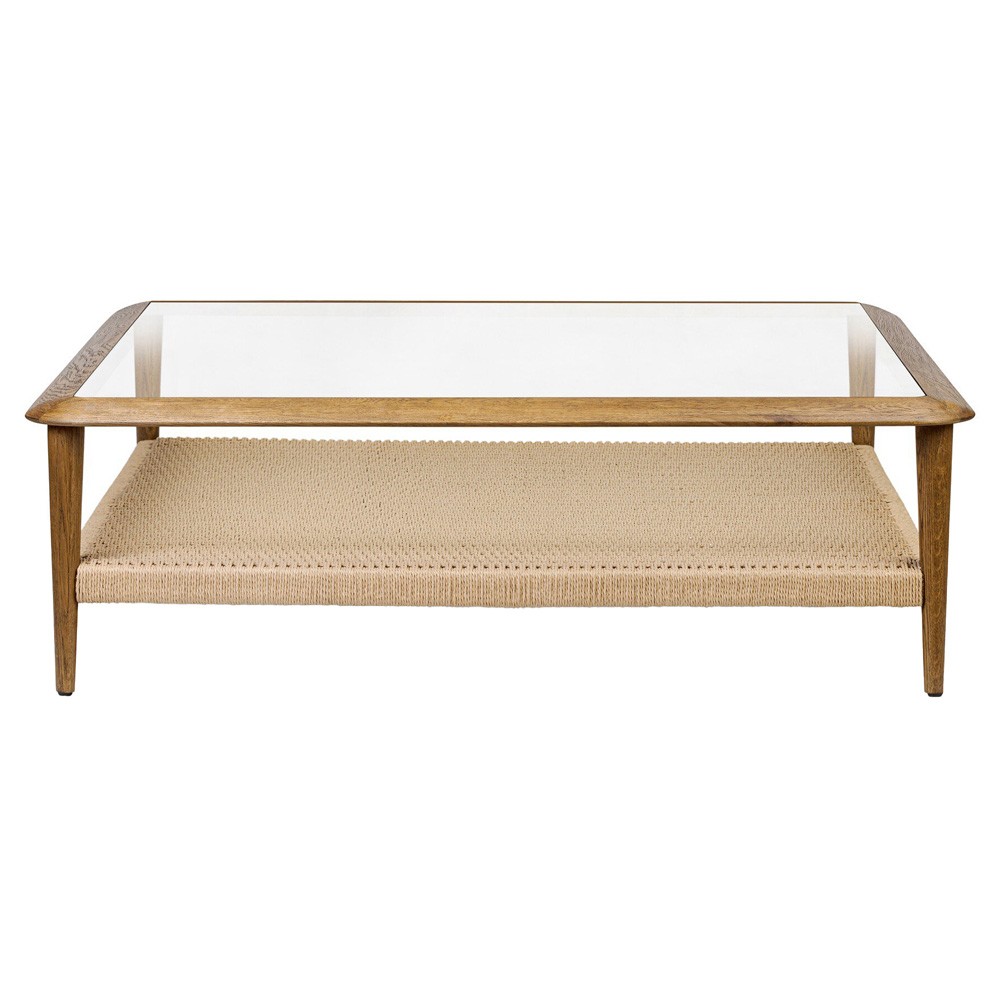 Carmela Coastal Beach Brown Oak Woven Rush Glass Square Coffee Table|
