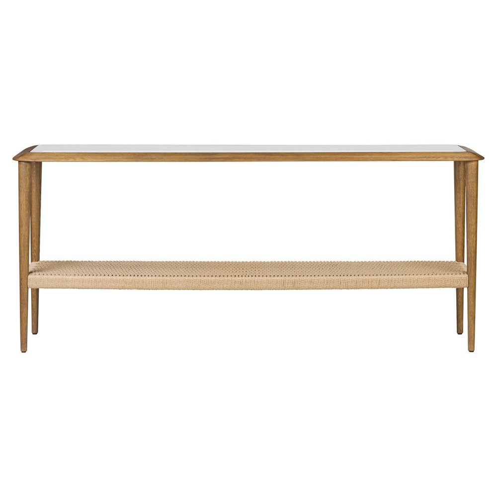Carmela Coastal Beach Brown Oak Woven Rush Rectangular Console Table|