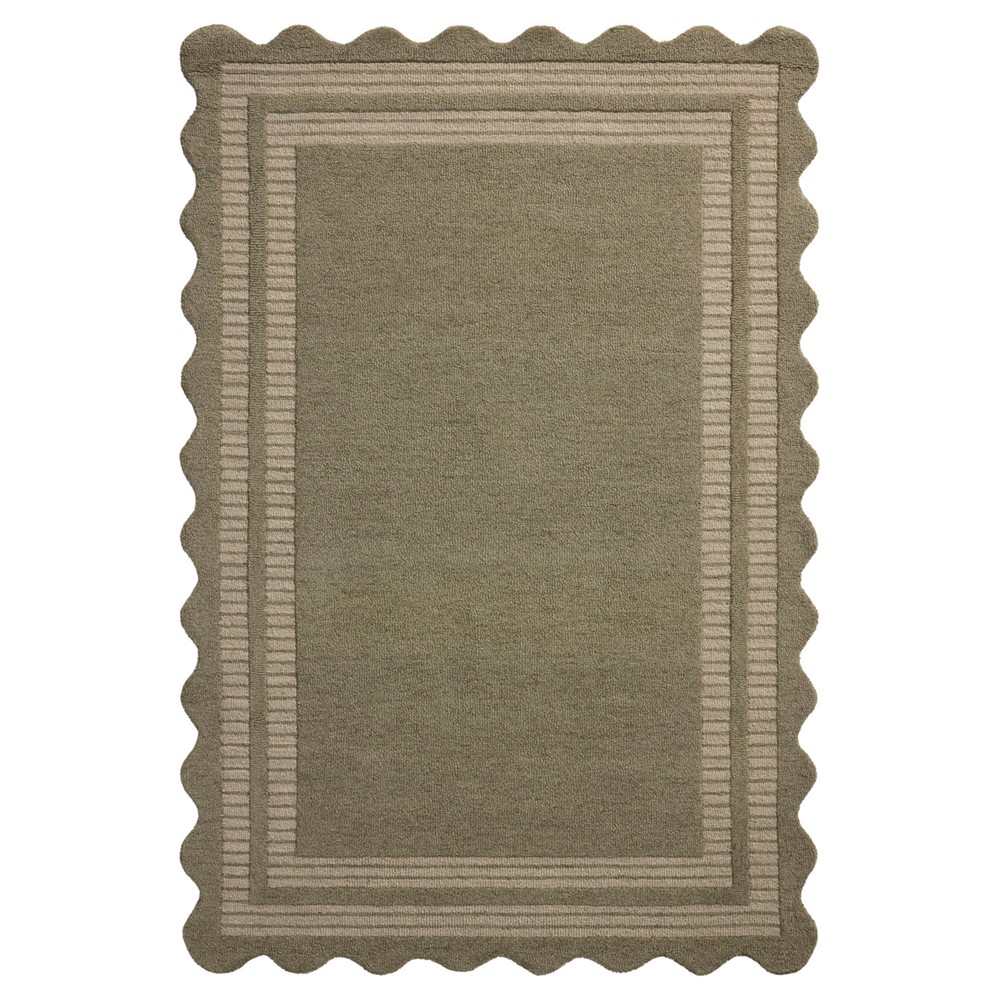 Scottie Updated Traditional Olive Wool Scalloped Solid Border Rug - 5'x7'6"|