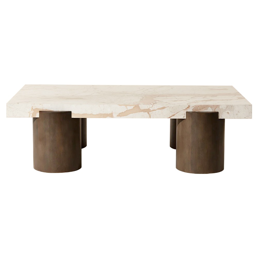 Philippa Modern Classic Cream Marble Brown Mango Wood Rectangular Coffee Table|
