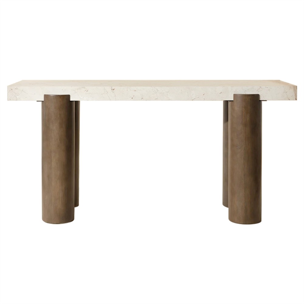 Philippa Modern Classic Cream Marble Brown Mango Wood Rectangular Console Table|