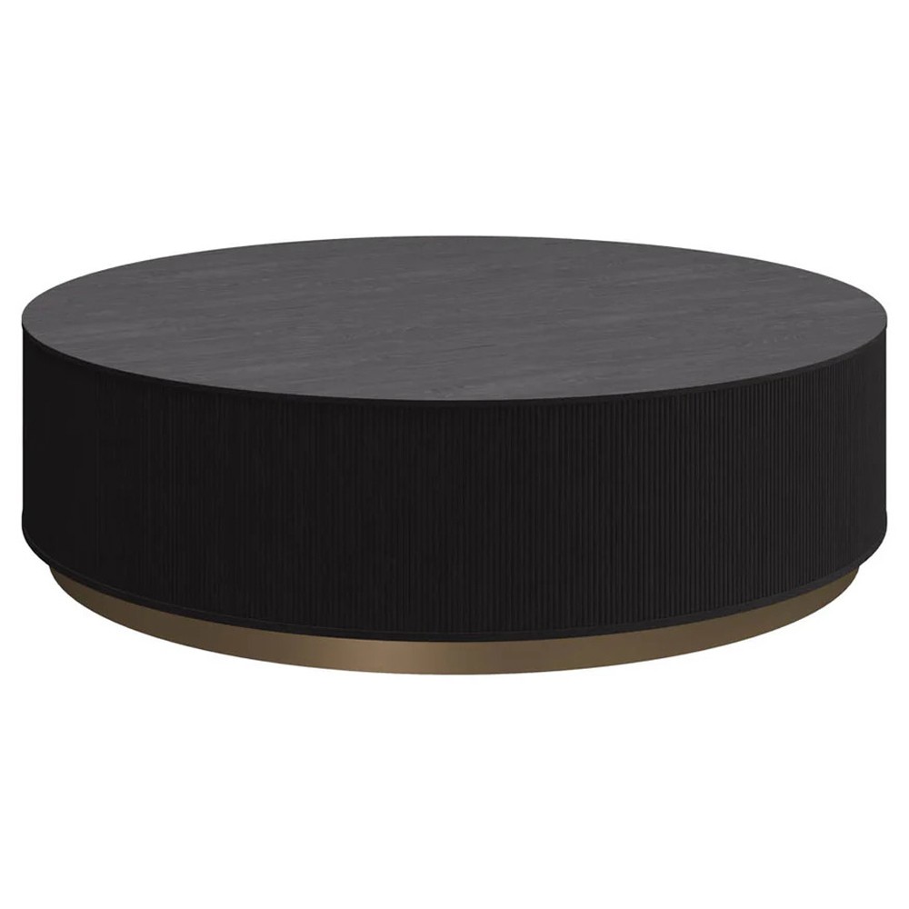 Palmerston Modern Black Oak Brushed Gold Steel Round Drum Coffee Table|