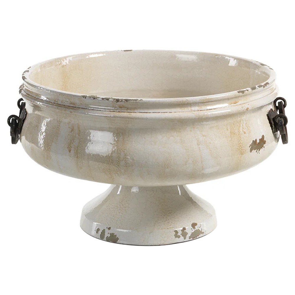 Cleo French Country Distressed Beige Ceramic Pedestal Bowl|
