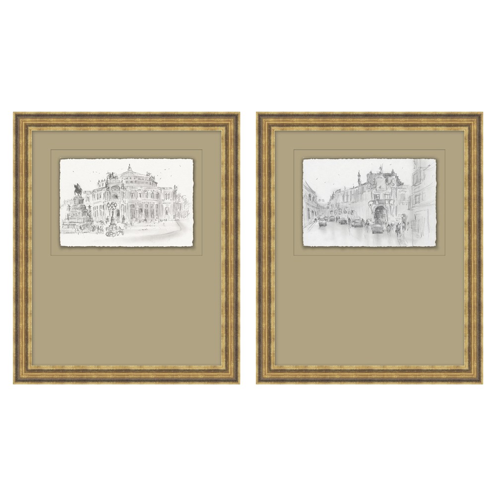 Saffira French Country Architecture Antique Gold Frame Diptych Illustration - 18x15|