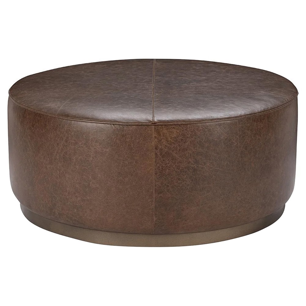 Leopold Rustic Lodge Dark Brown Leather Round Cocktail Ottoman|