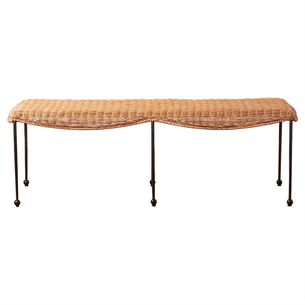 Mirea Coastal Beach Natural Rattan Woven Iron Outdoor Bench|