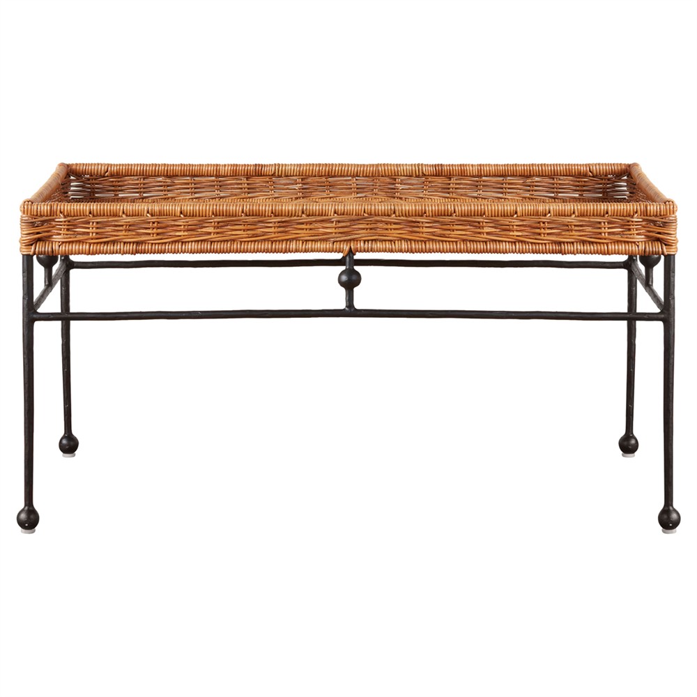 Mirea Coastal Beach Natural Rattan Woven Iron Rectangular Outdoor Coffee Table|