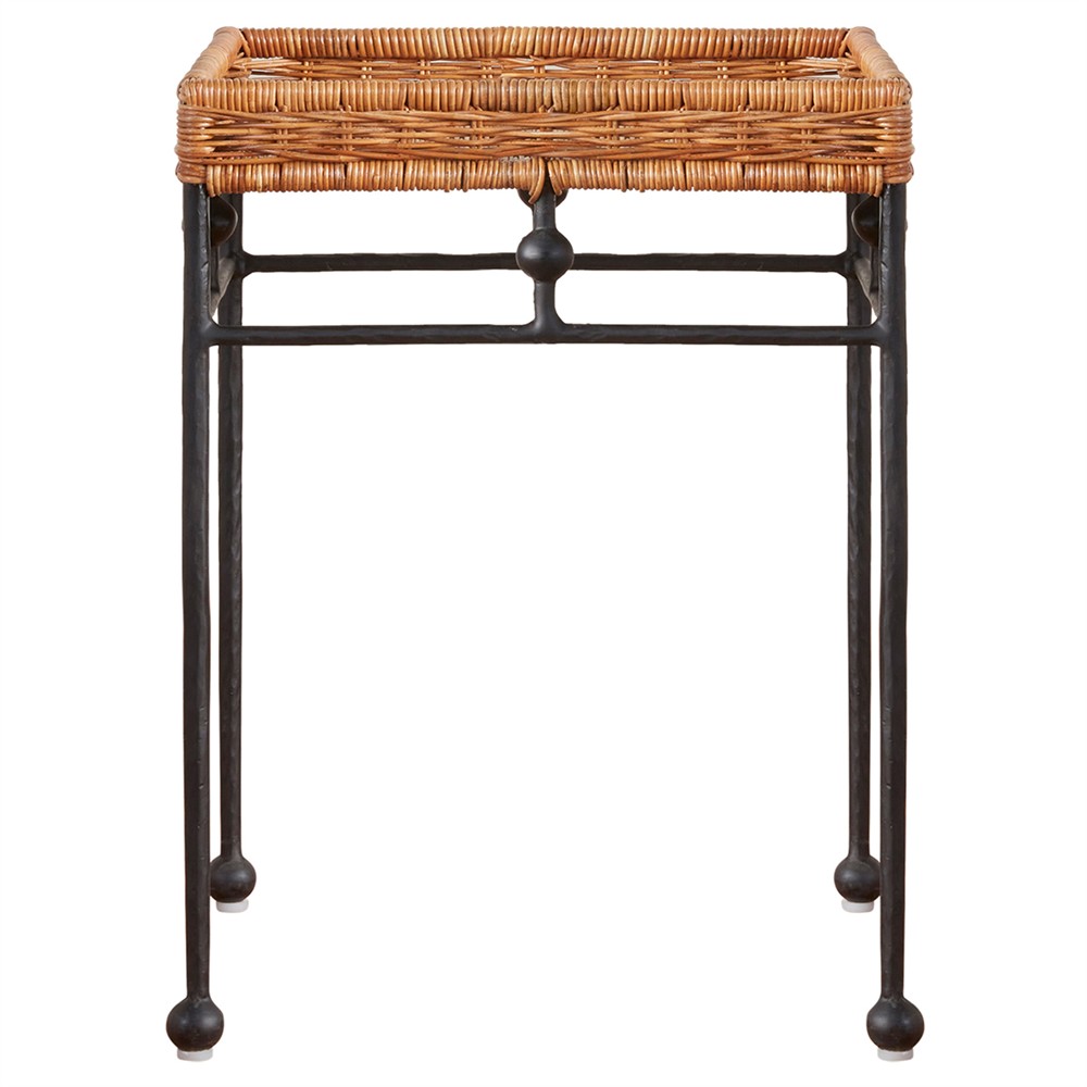 Mirea Coastal Beach Natural Rattan Woven Iron Square Outdoor Side Table|