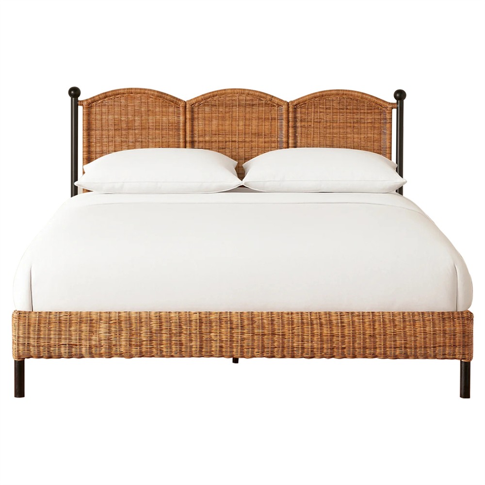 Mirea Coastal Beach Natural Rattan Woven Iron Scalloped Bed - Queen|