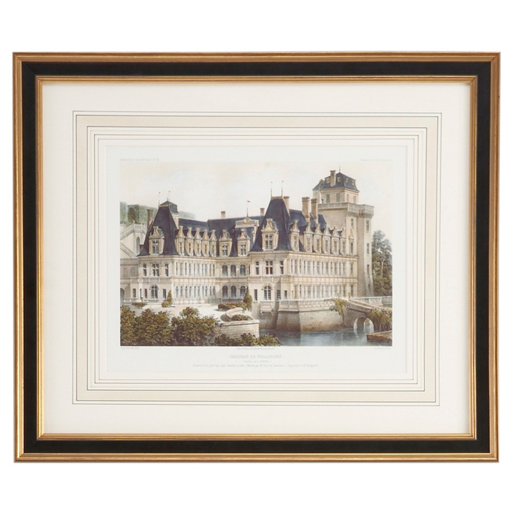 Virelle French Country Grey Chateau Black Frame Illustration - 22x26|