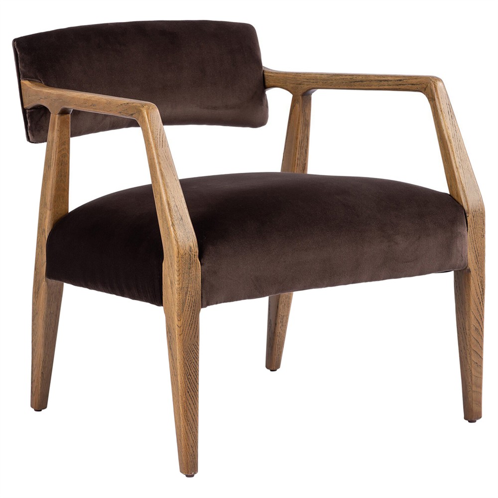 Pia Mid Century Modern Surrey Cocoa Velvet Natural Oak Arm Chair|