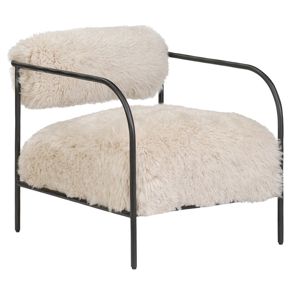 Fenn Modern Classic Champagne Fur Black Iron Arm Chair|