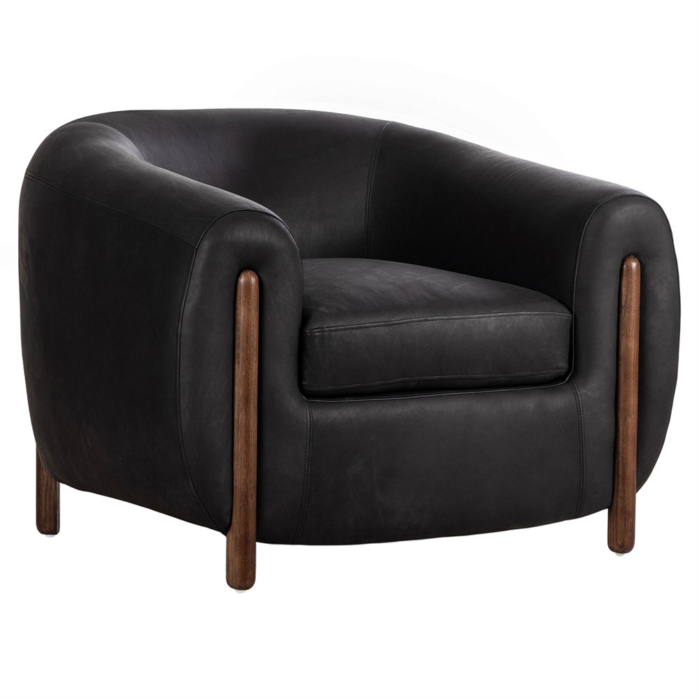 Riley Mid Century Modern Heirloom Black Leather Brown Wood Barrel Chair|