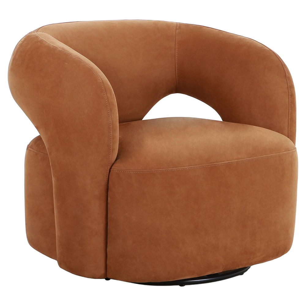 Mazie Modern Classic Nubuck Cognac Leather Velvet Swivel Chair|