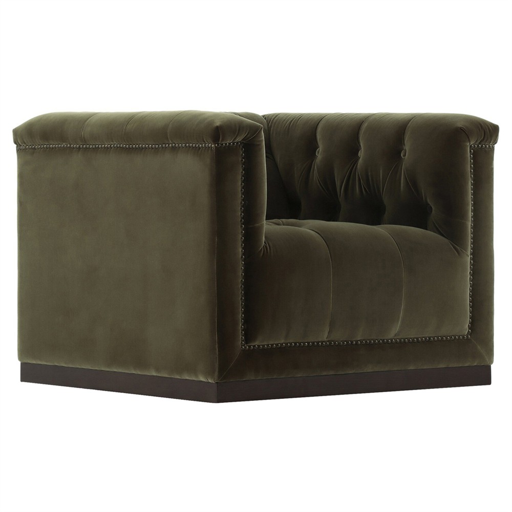Emmy Rustic Lodge Surrey Olive Velvet Tufted Nailhead Trim Swivel Club Chair|