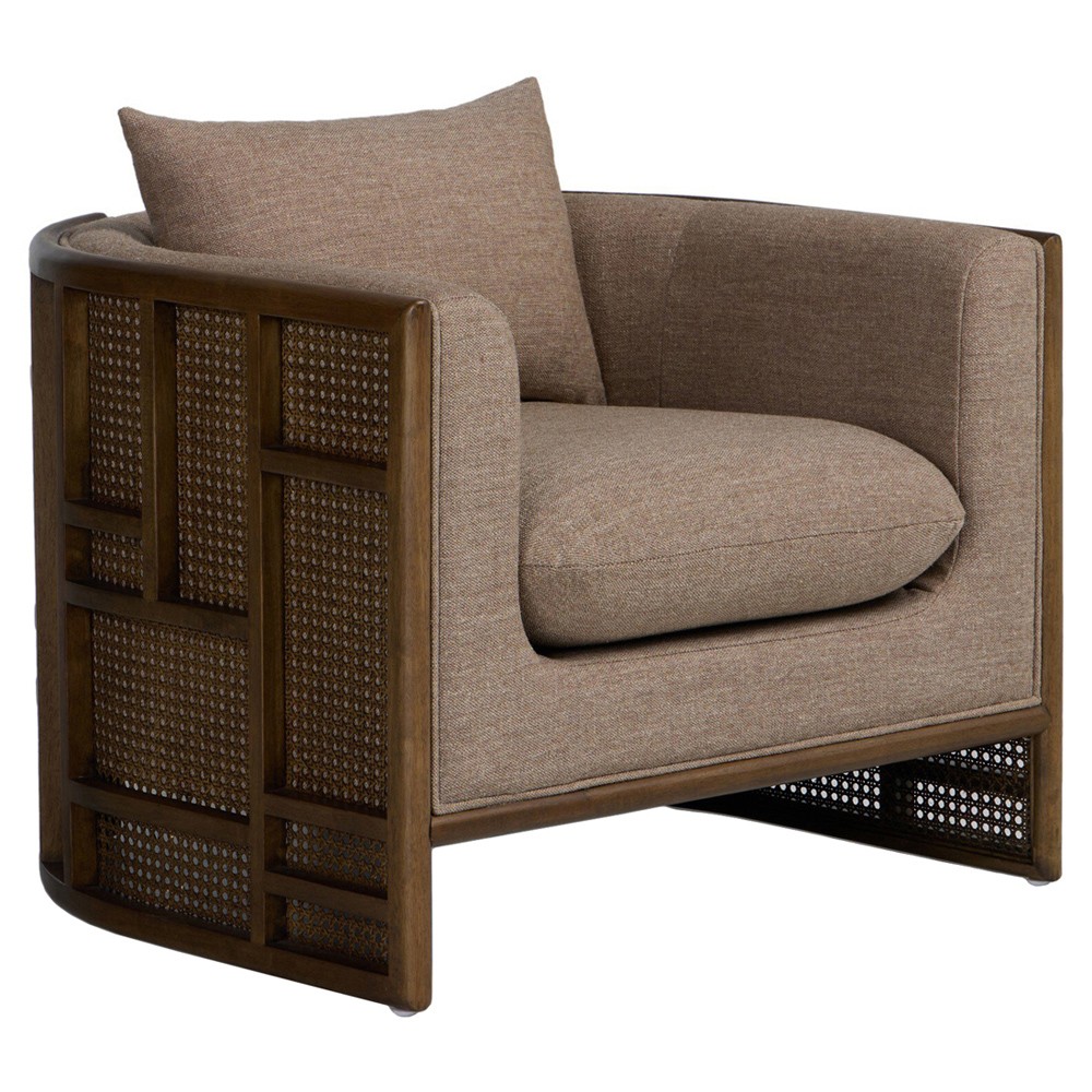 Jun Modern Alcala Fawn Performance Vintage Wood Woven Cane Arm Chair|