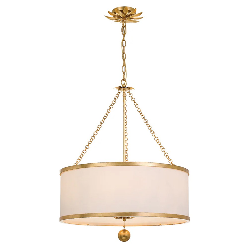 Liora Updated Traditional White Silk Drum Shade Antique Gold 6 Light Chandelier|