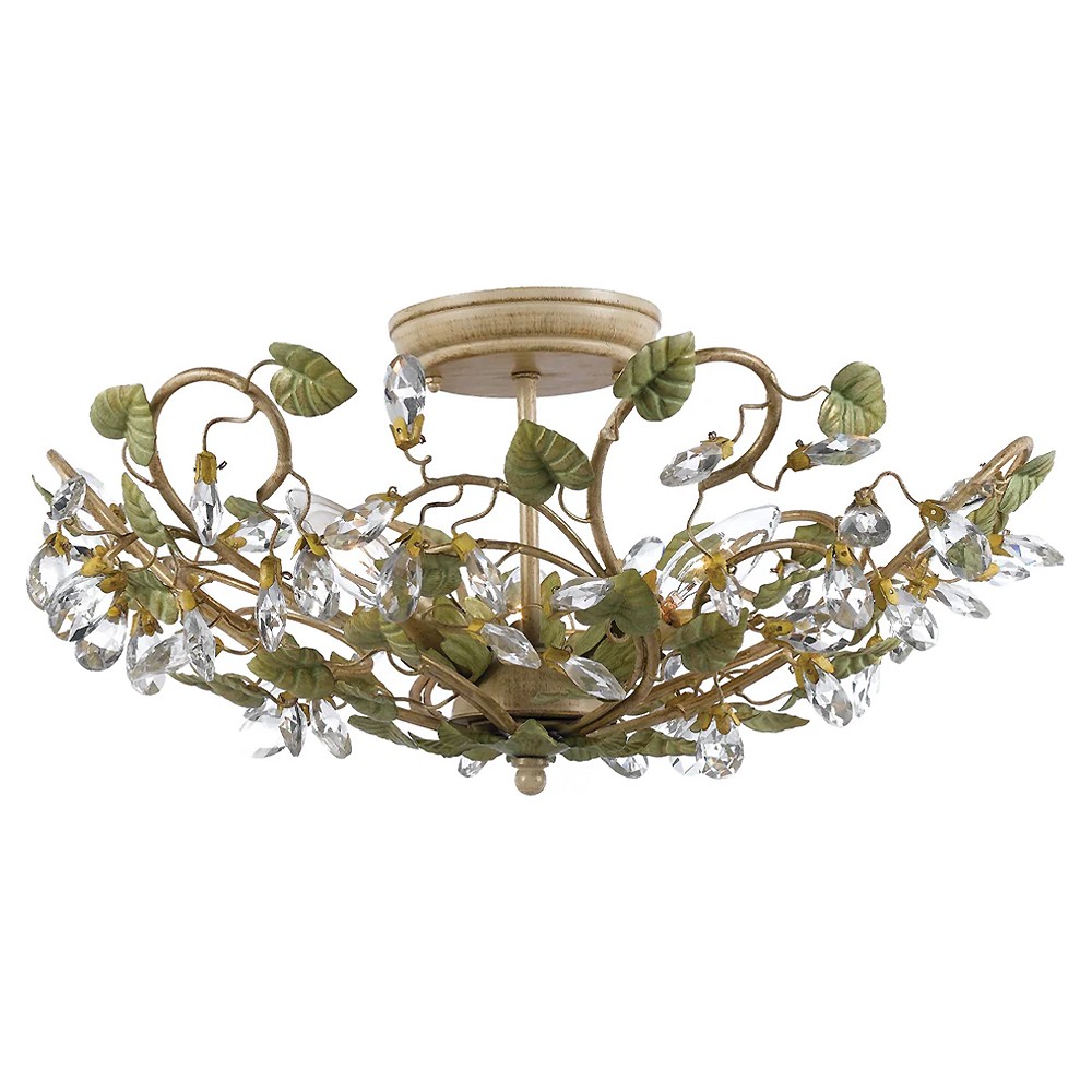 Ava French Country Champagne Green Leaf Crystal Semi Flush Mount|