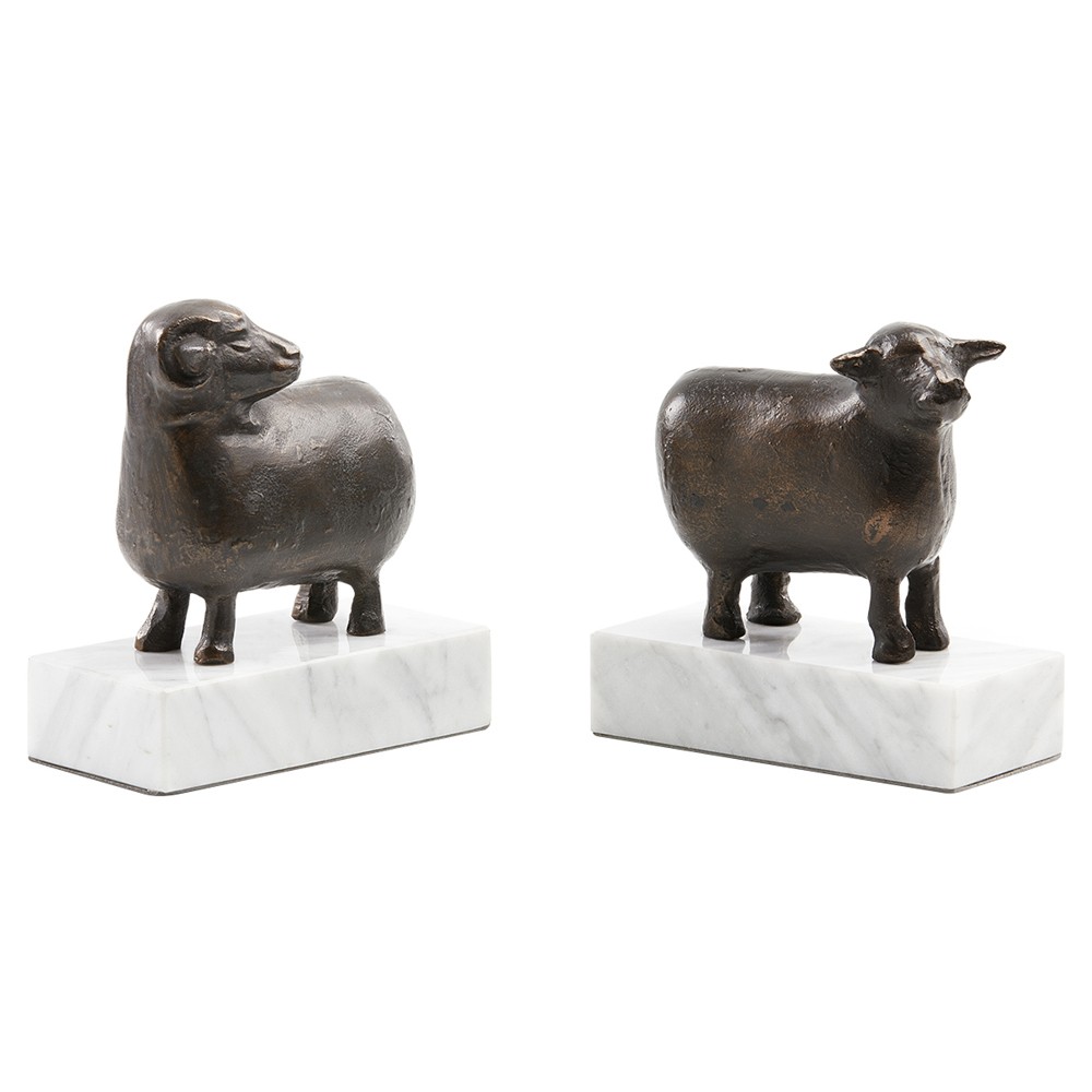 Sheep Updated Traditional White Marble Bronze Metal Bookends|