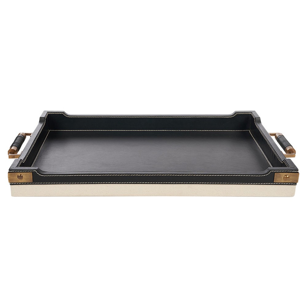 Toulon Traditional Black Leather Natural Canvas Rectangular Decorative Tray|