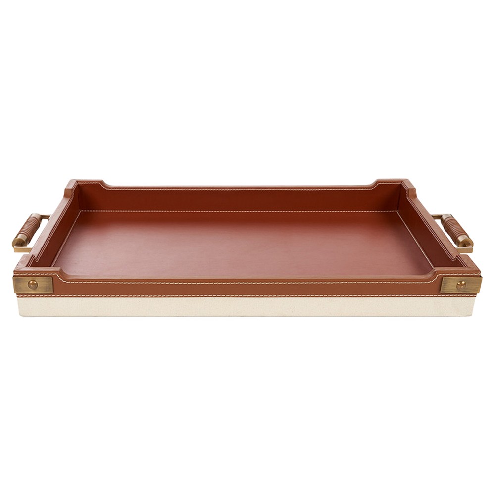 Toulon Traditional Tan Leather Natural Canvas Rectangular Decorative Tray|