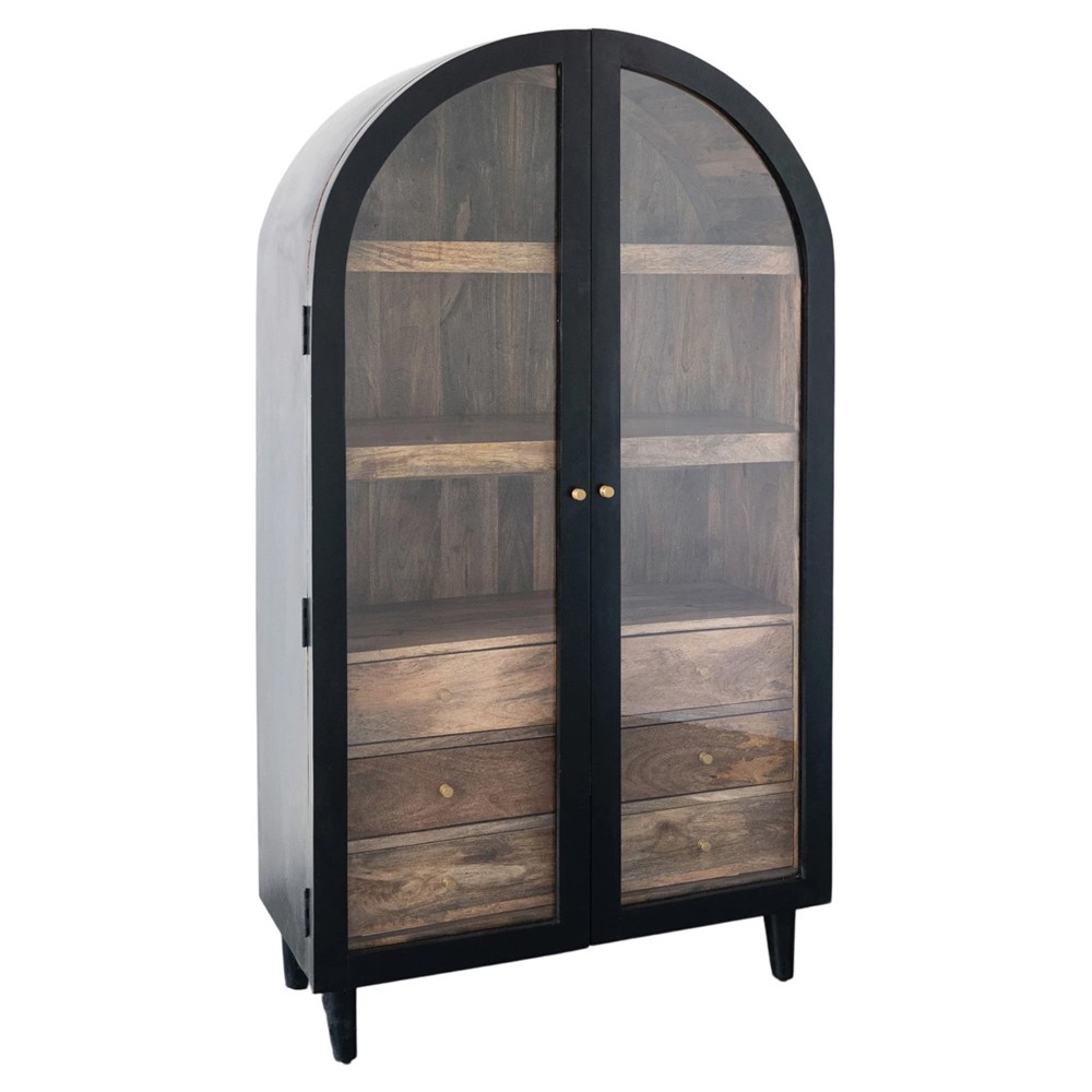 Ysabel Modern Classic Black Mango Wood Glass Arched Cabinet|