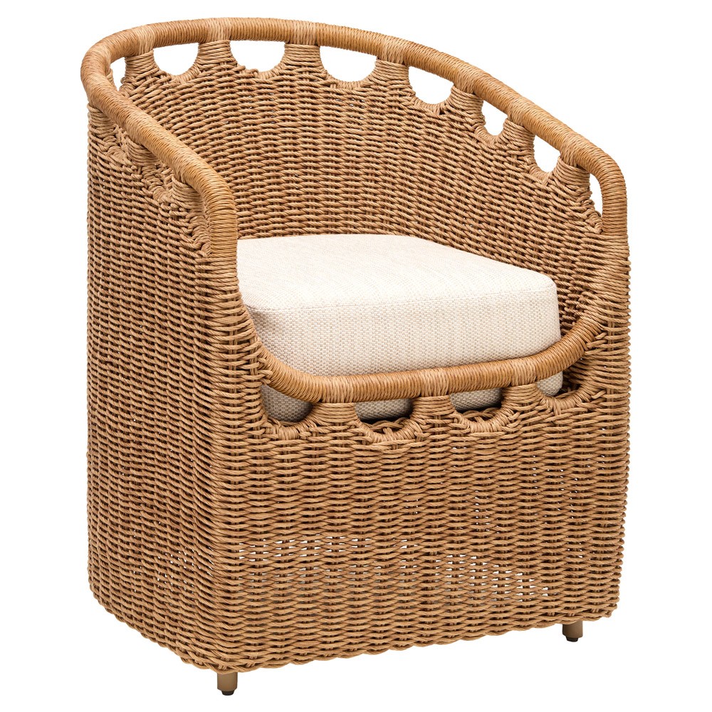 Olara Coastal Beach Cream Sunbrella Woven Wicker Outdoor Dining Arm Chair|