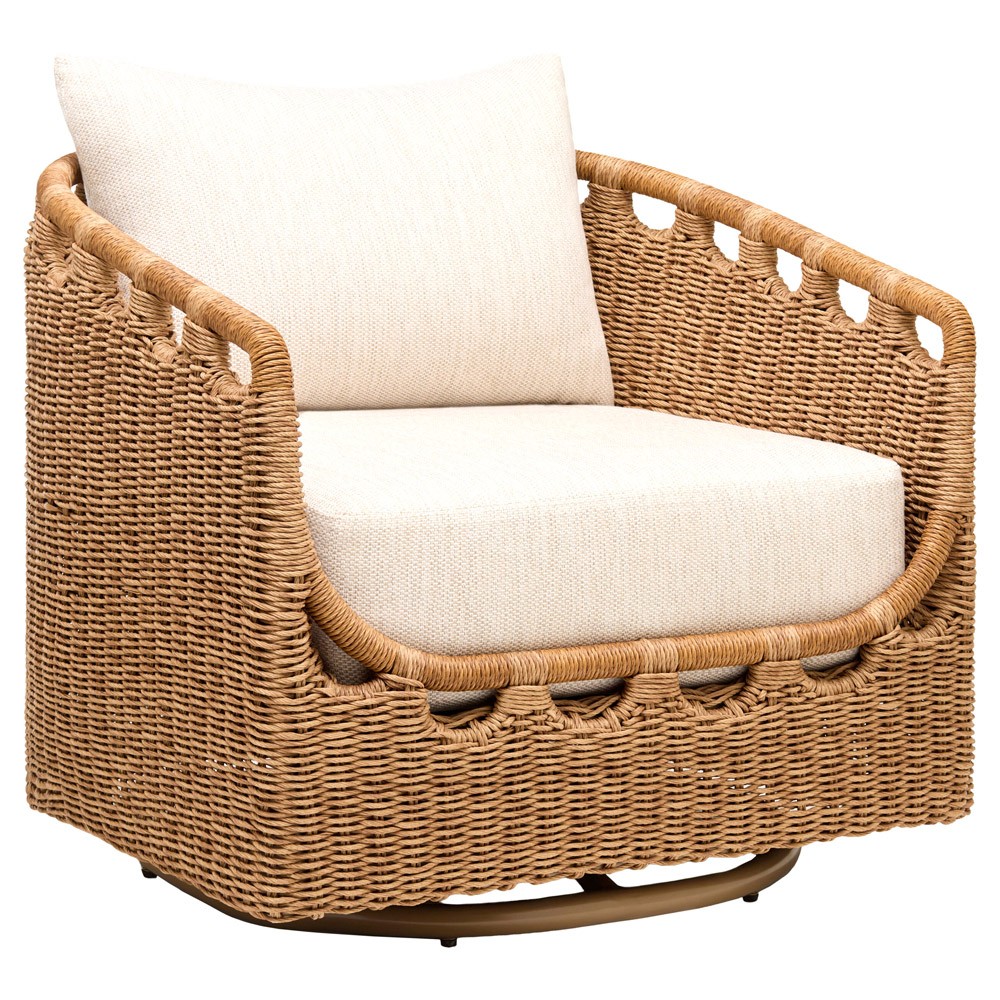 Olara Coastal Beach Cream Sunbrella Woven Wicker Outdoor Swivel Chair|