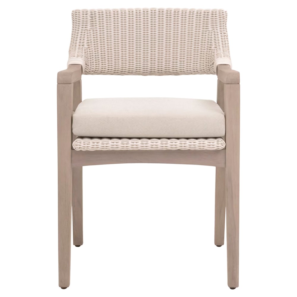 Lucile Coastal Cream Cushion Woven Wicker Washed Teak Outdoor Dining Arm Chair|