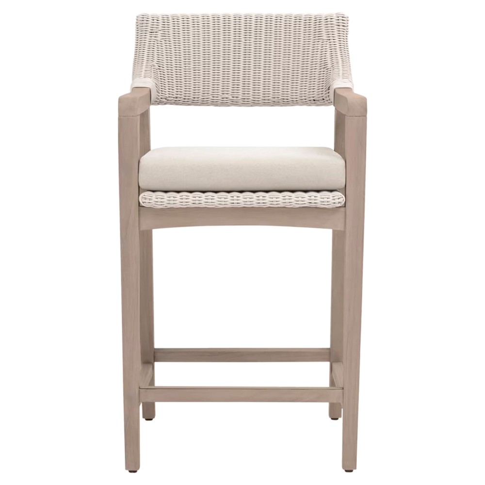 Lucile Coastal Cream Cushion Woven Wicker Washed Teak Outdoor Counter Stool|