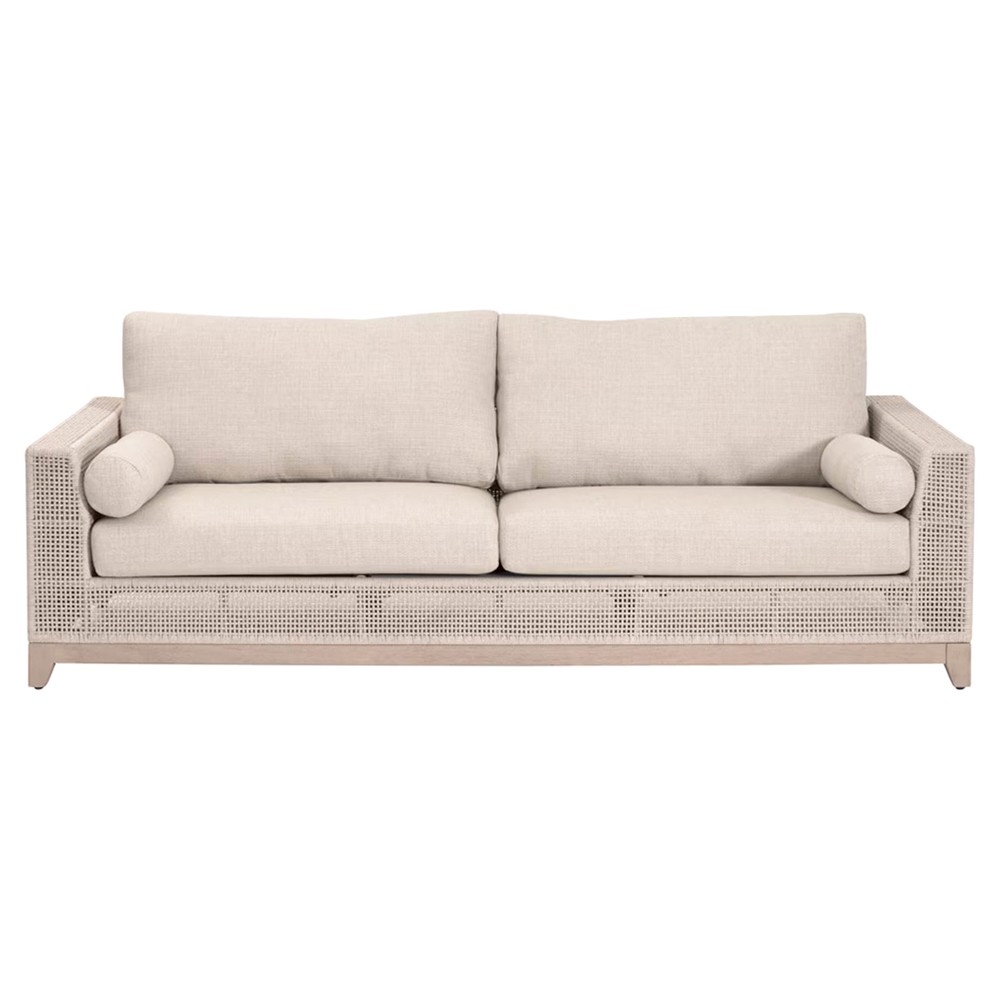 Alaina Coastal Beach Beige Woven Rope Teak Wood Outdoor Sofa - 90"|