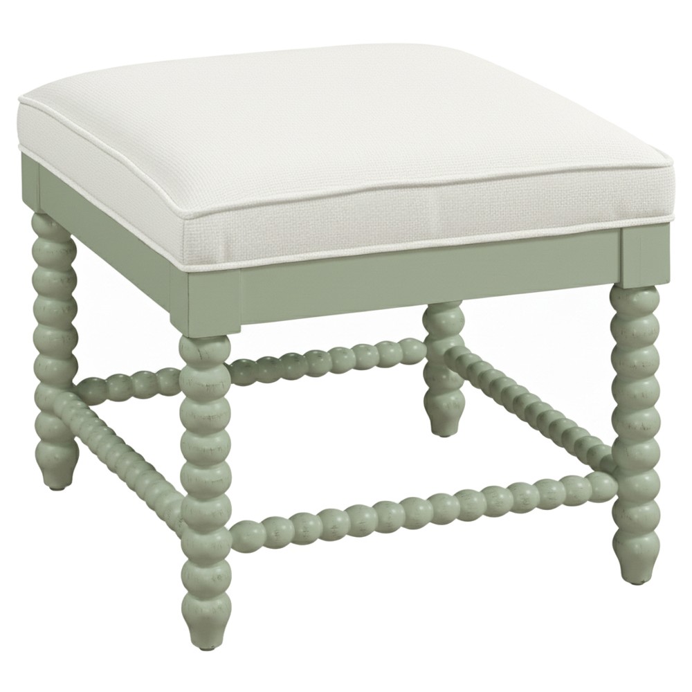 Lynda Updated Traditional White Performance Green Wood Ottoman|