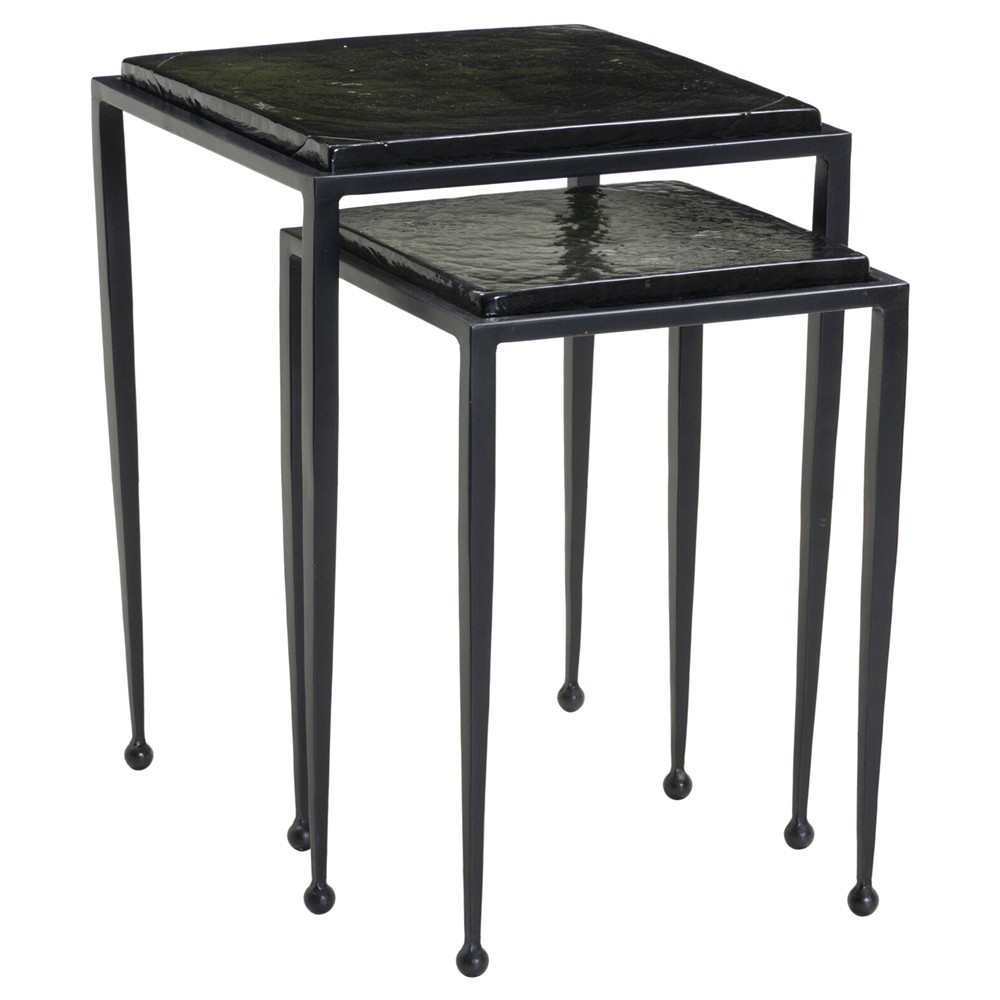 Fector Industrial Loft Moss Green Glass Iron Square Nesting End Tables|