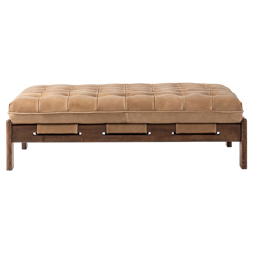 Hadley Rustic Tan Leather Brown Wood Tufted Cocktail Ottoman|