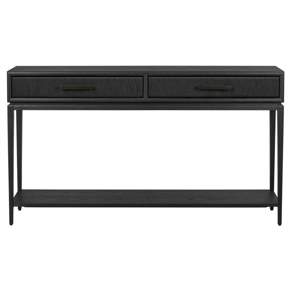 Rosal Modern Classic Black Oak Woven Rush Rectangular Console Table - 60"|