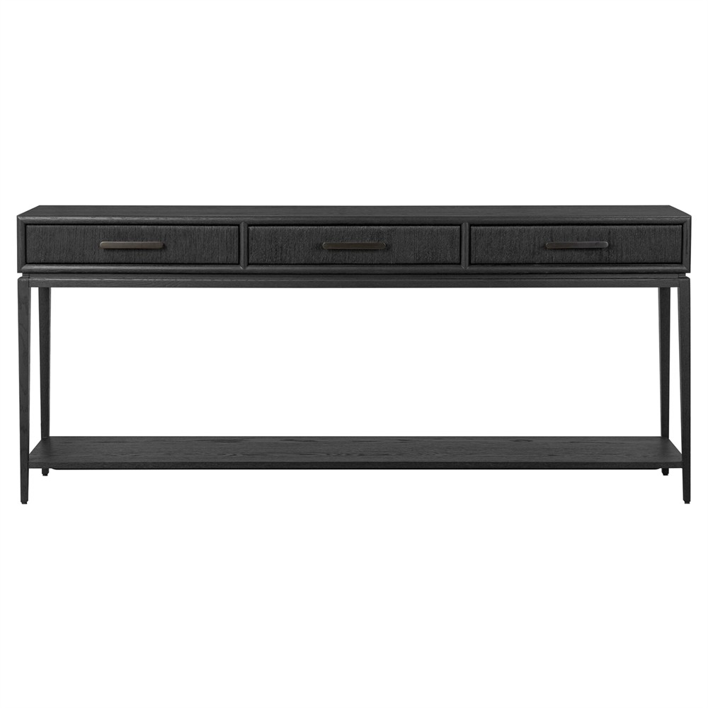 Rosal Modern Classic Black Oak Woven Rush Rectangular Console Table - 78"|