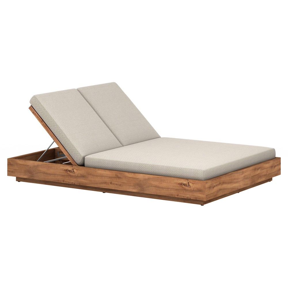 Kisha Modern Classic Beige Upholstered Natural Teak Outdoor Double Chaise|